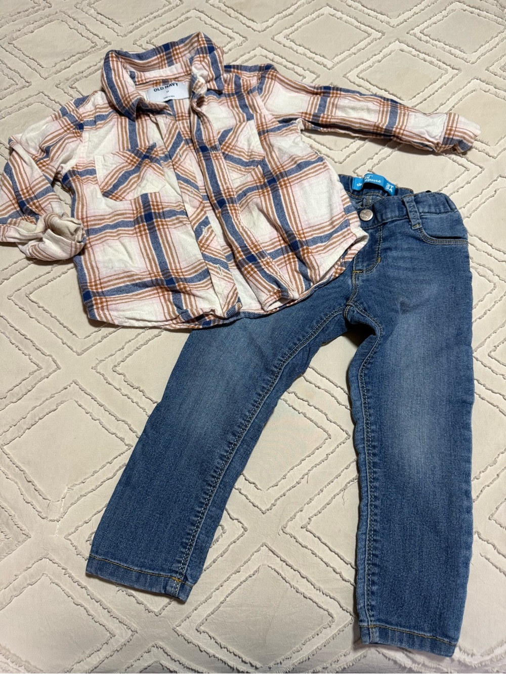 Toddler Plaid Button-Up Shirt and Denim Jeans Set - Cream, Blue, Rust